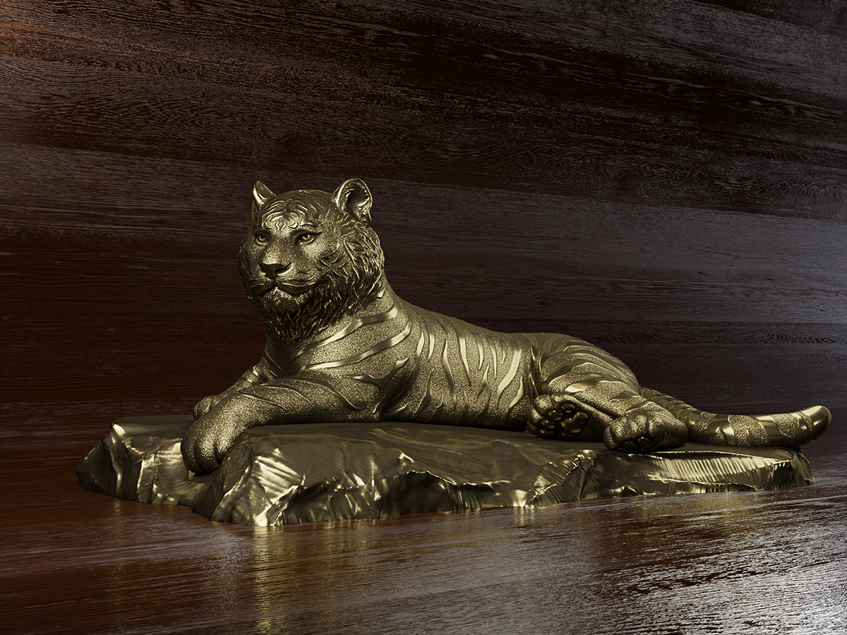 tiger sculpture calm resting pose balanced composition