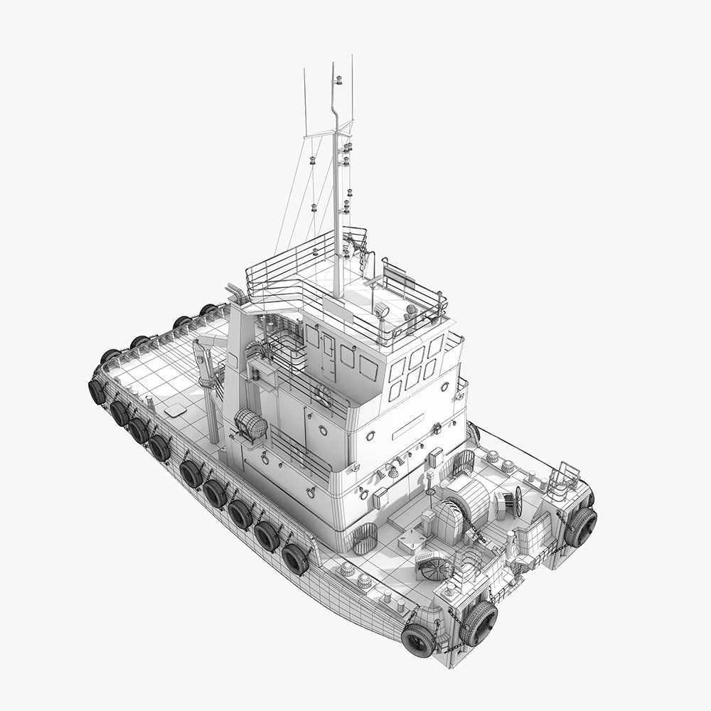 tugboat wireframe 3D model full geometry overview clean topology ship model