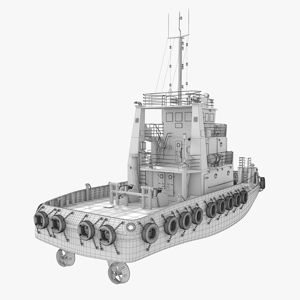 tugboat wireframe rear view full vessel topology clean mesh 3D model ship