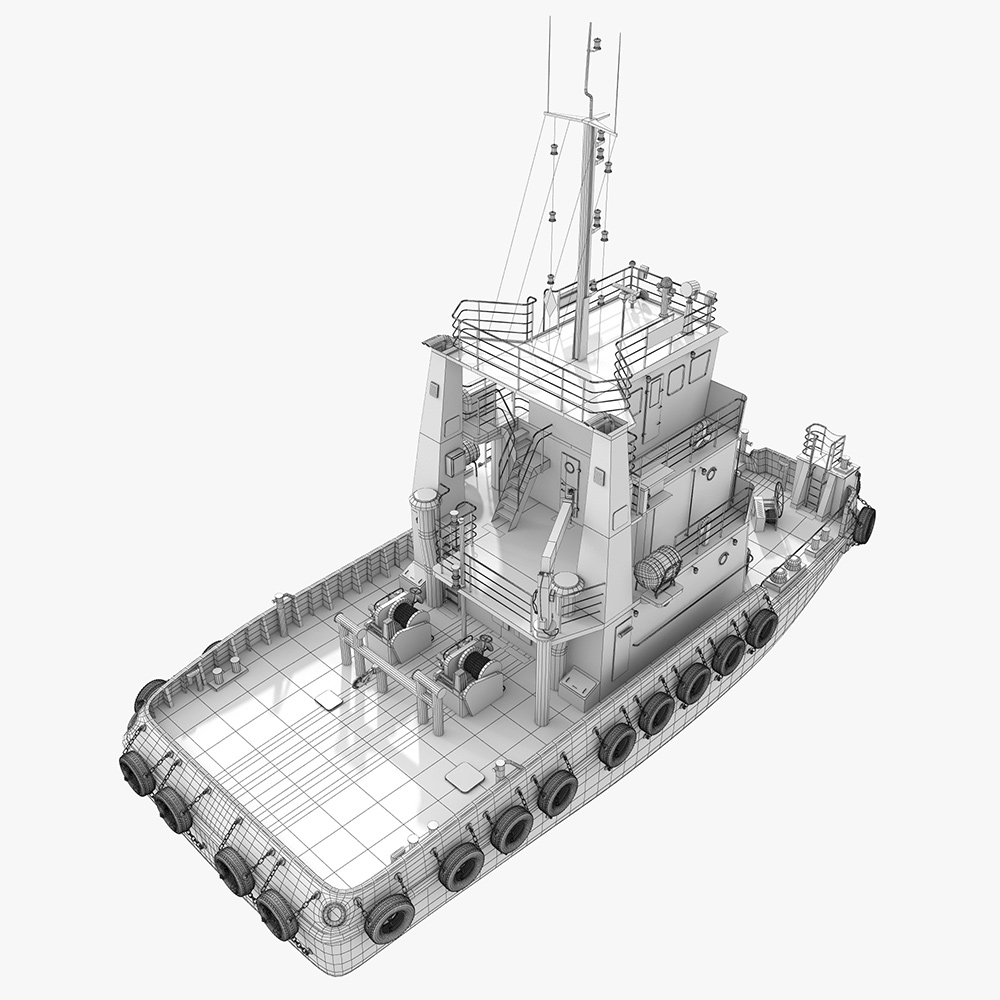 tugboat wireframe model deck structure topology detailed ship geometry for 3D use
