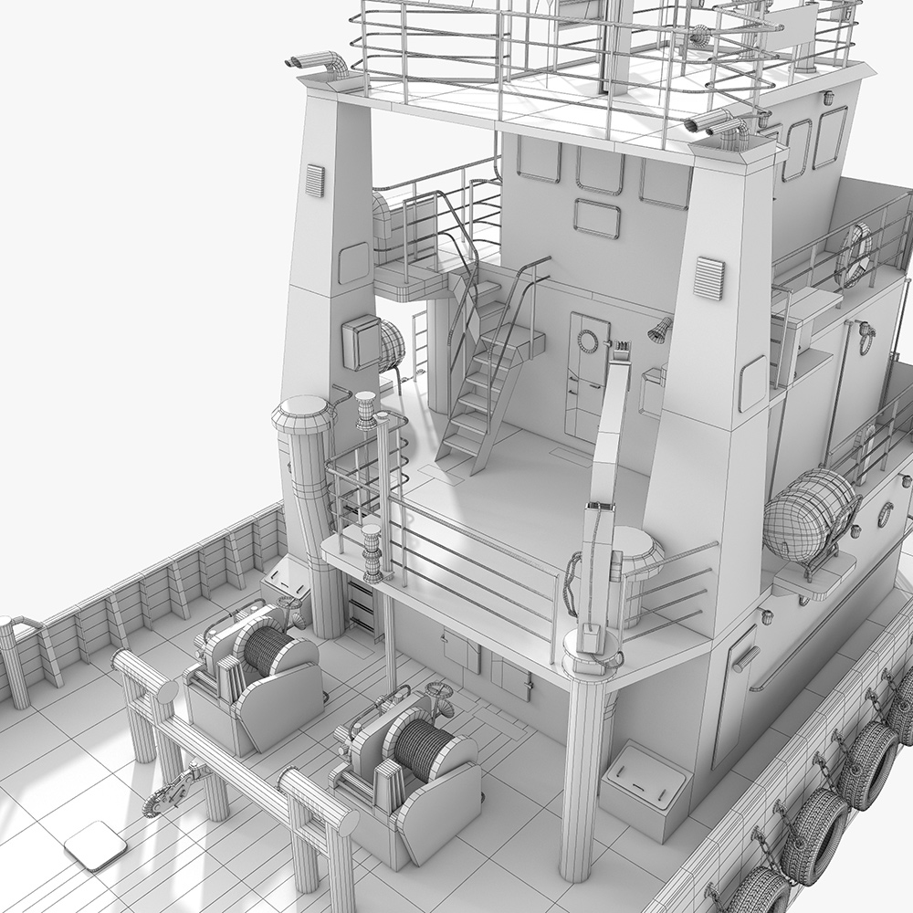 tugboat wireframe detail superstructure clean topology realistic vessel 3D model
