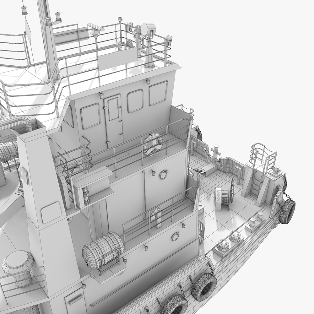 tugboat wireframe close up deck equipment geometry detailed maritime 3D model