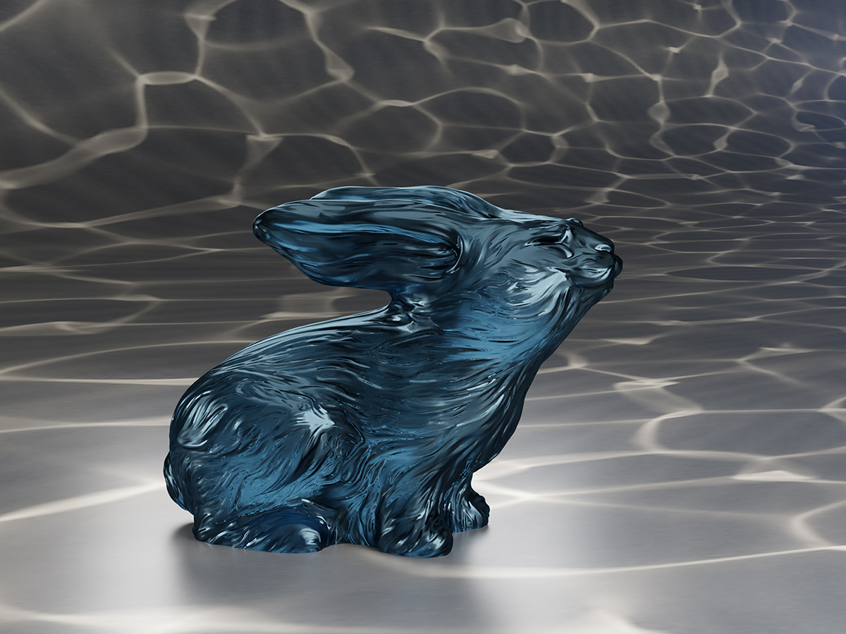 Rabbit sculpture with water-like textures and flowing reflections, gesture of sensing and searching, expressive contemporary sculptural form