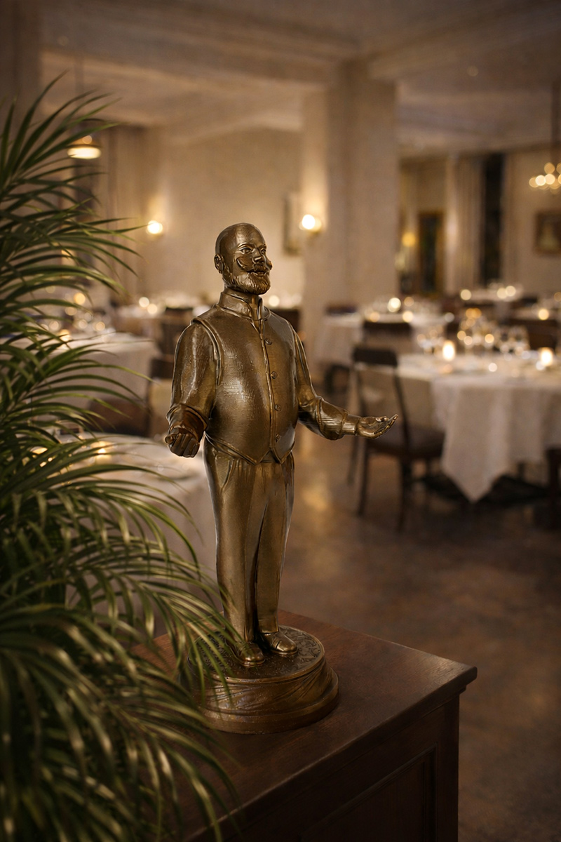Fancy Houseman figurine displayed in an elegant restaurant interior, decorative sculpture adding character and atmosphere to the space
