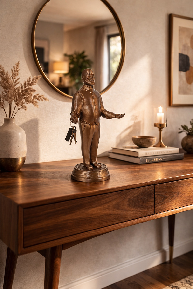 Fancy Houseman figurine on a wooden console table, stylish home decor accent in a warm modern interior