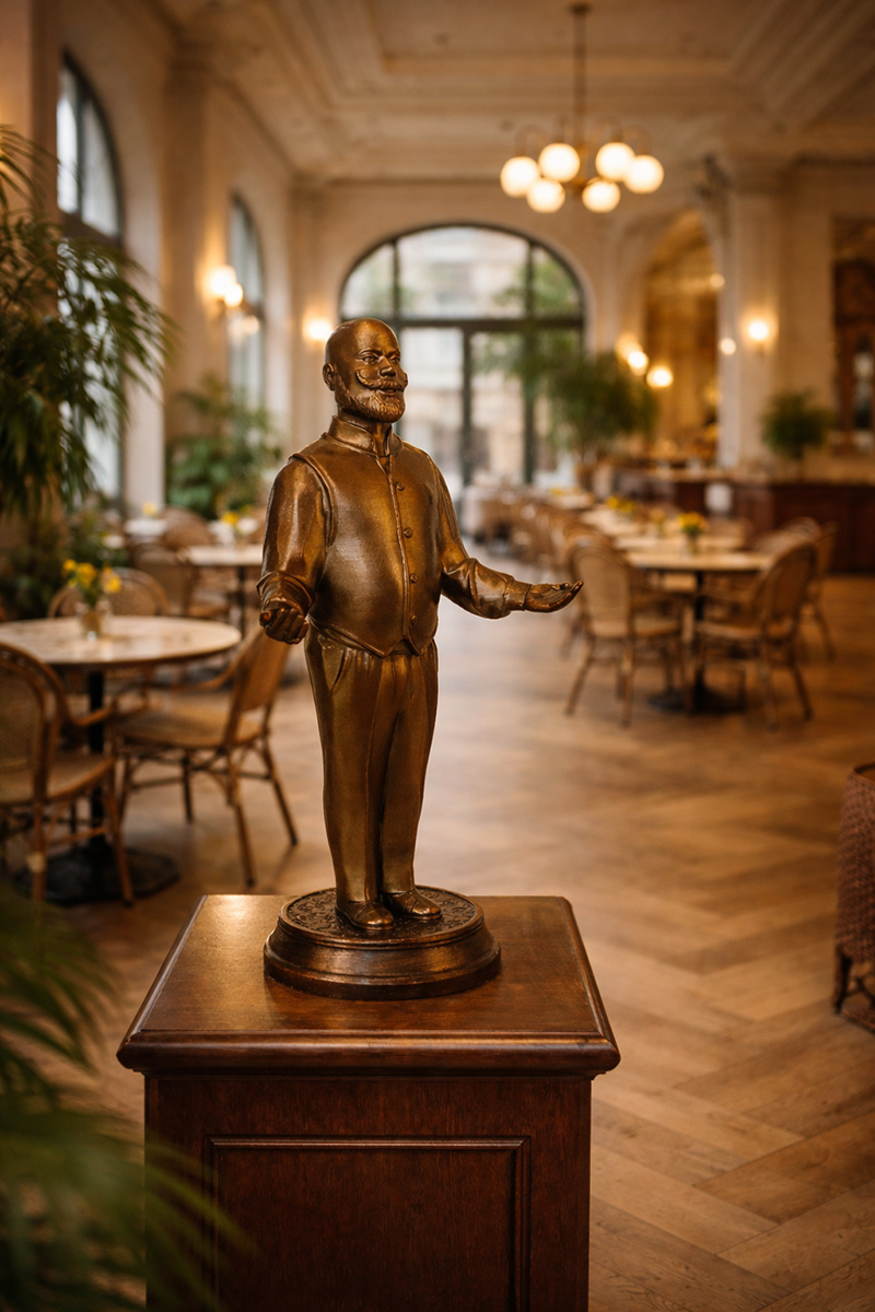 Decorative Fancy Houseman sculpture placed in a bright classic interior, adding artistic presence to the space