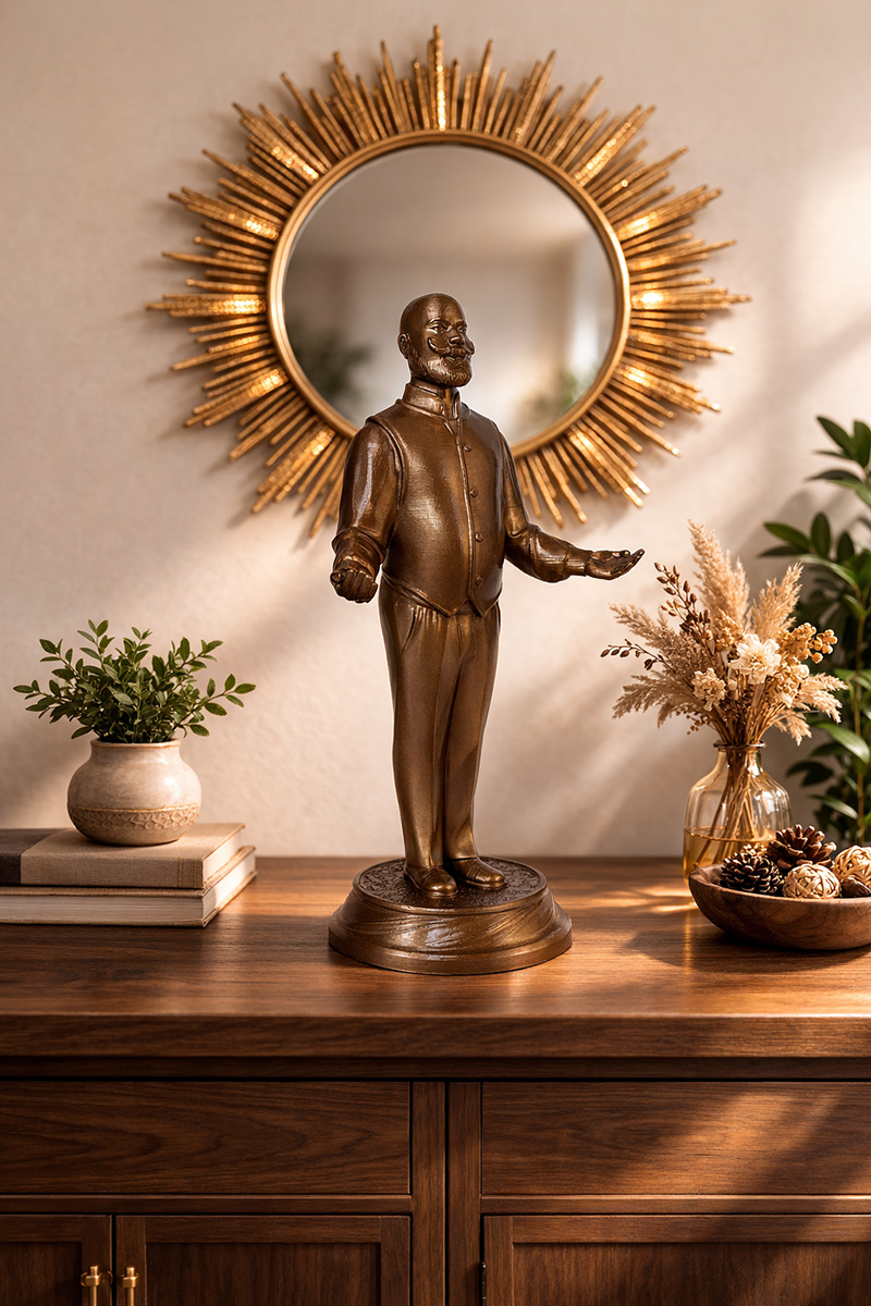 Fancy Houseman figurine styled on a console with mirror and decor, elegant home interior accent piece