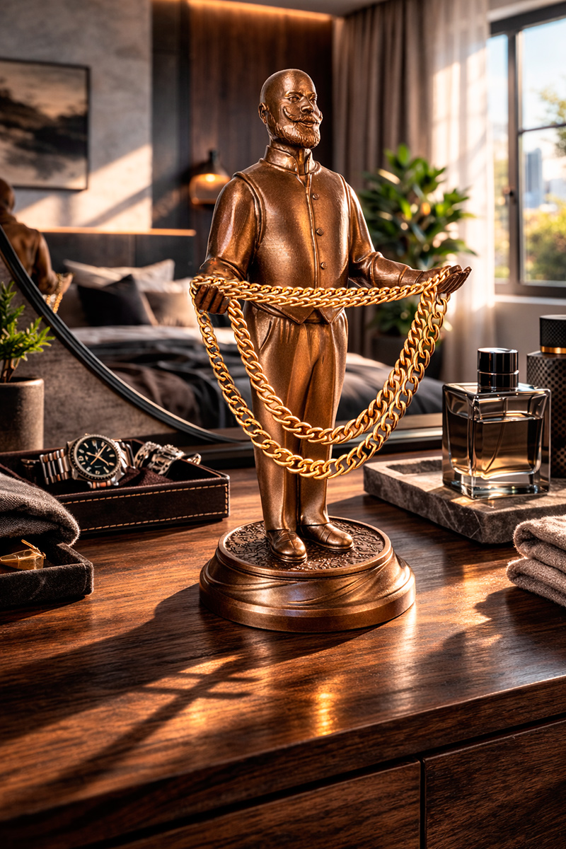 Fancy Houseman figurine used as a jewelry holder, decorative sculpture combining function and interior styling