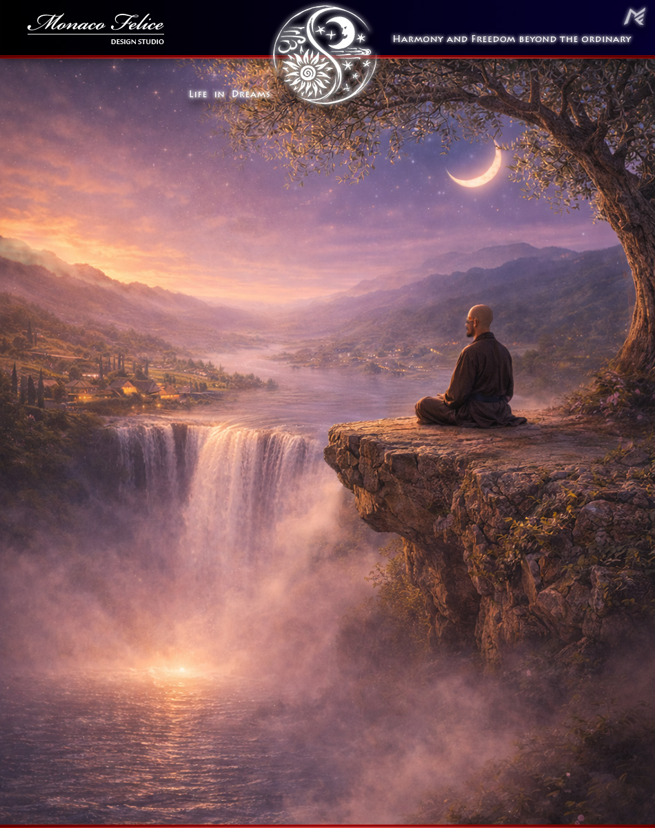 Zen monk meditating on cliff at sunset near waterfall, blossom tree and calm mountains representing the philosophy of Monaco Felice design studio