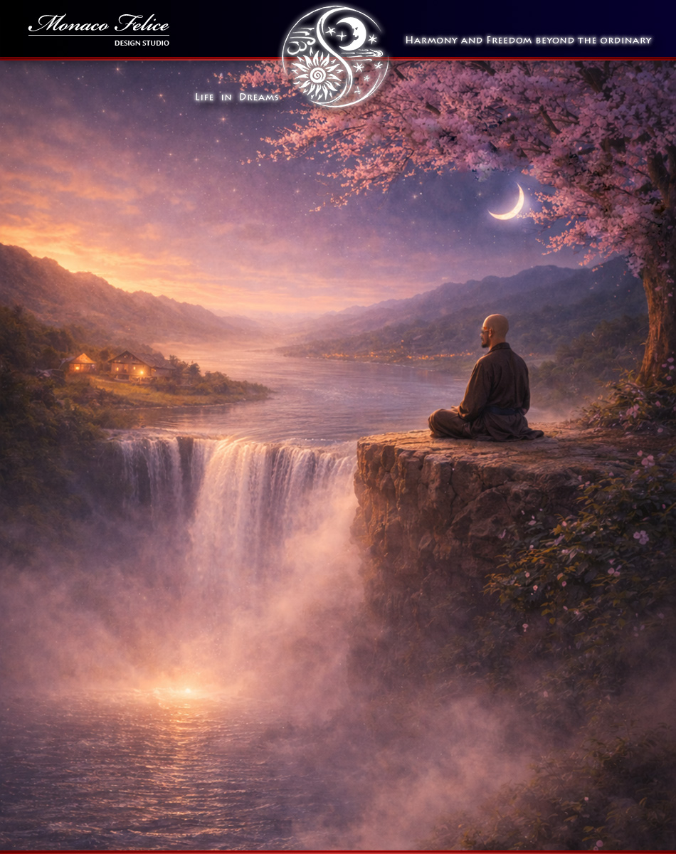 Zen monk meditating on cliff at sunset near waterfall, blossom tree and calm mountains representing the philosophy of Monaco Felice design studio